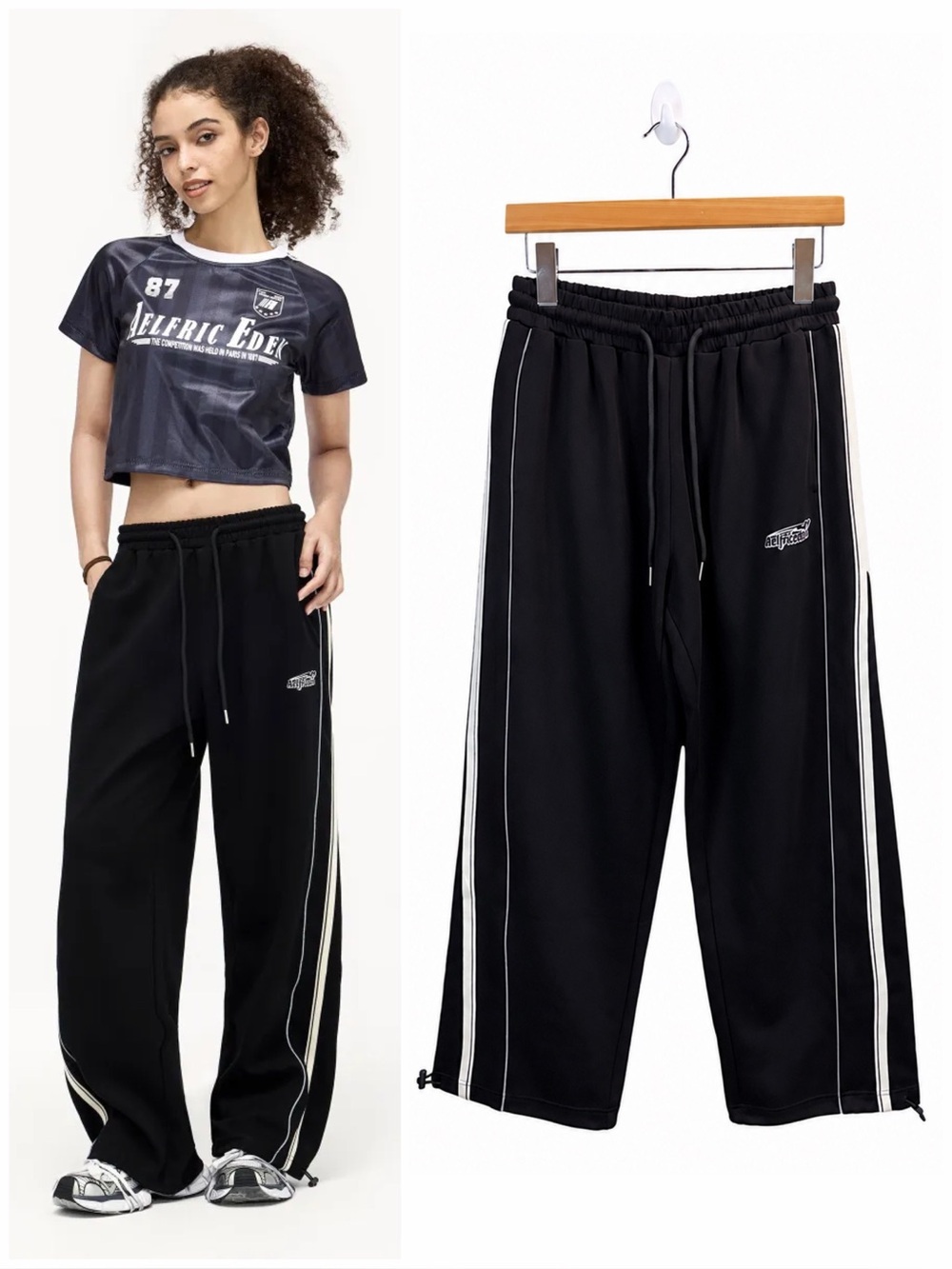 Aelfric Eden Black Wide Leg Track Pants Side Stripe Y2K Streetwear Size Small